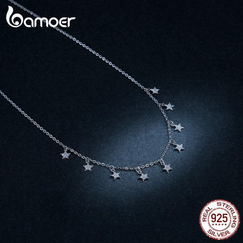 Bamoer 925 Sterling Silver Stackable Stars Choker Necklace Short Chain Necklace for Women Wedding Engagement Fine Jewelry BSN116