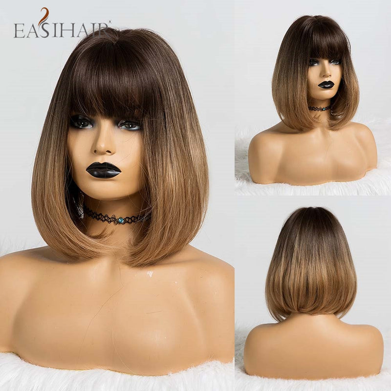 EASIHAIR marrón oscuro corto BoBo pelucas con flequillo resistente al calor pelucas de pelo sintético Cosplay Lolita pelucas femeninas para mujeres