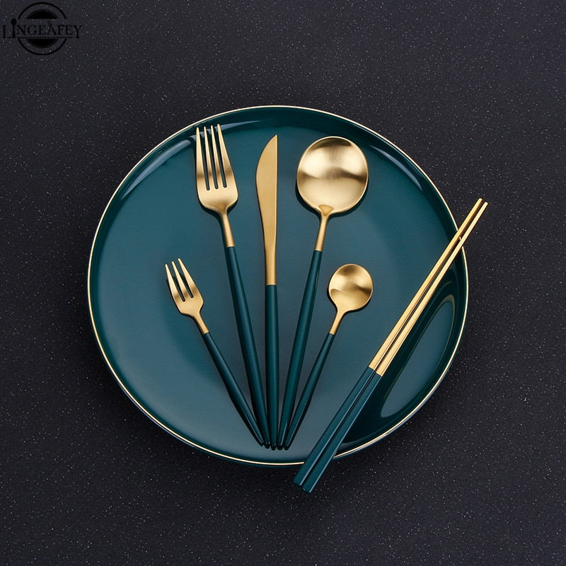 4Pcs Stainless Steel Green Gold Cutlery Dinnerware Set Chopsticks Butter Knife Dessert Spoon Dinner Fork Tea Spoon Tableware Set