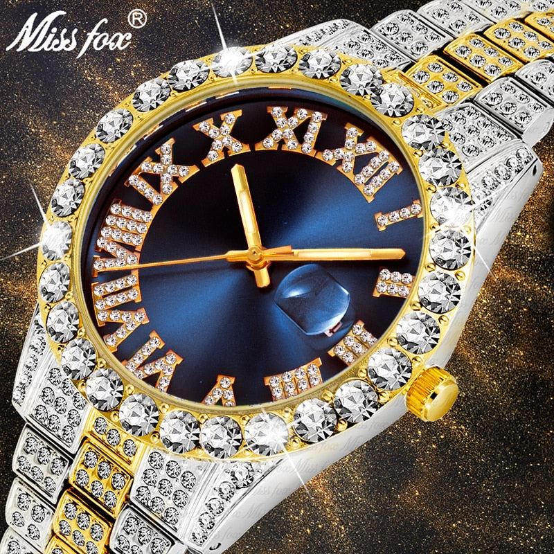 MISSFOX Herrenuhr 2020 Meistverkaufte Luxusmarke Blaues Zifferblatt Gold Herrenmode Uhren Herren Big Diamond Armband Luxusuhr Herren