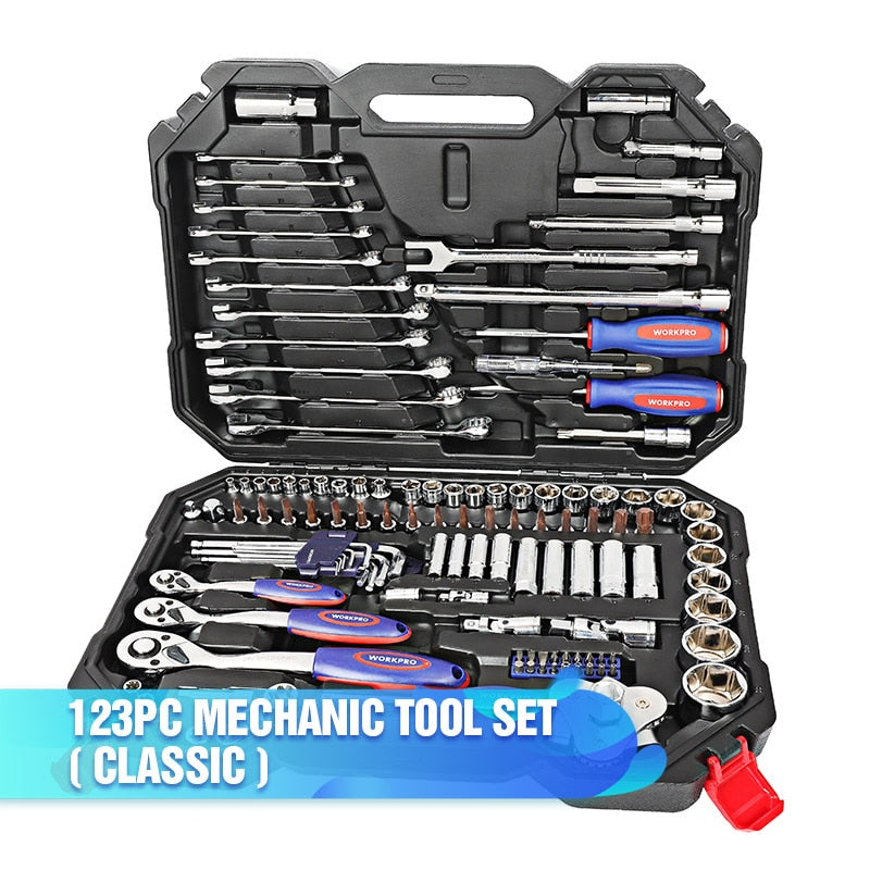WORKPRO 123PC New Mechanic Tool Set for Car Home Tool Kits Quick Release Ratchet Handle Wrench Socket Set