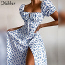 Nibber Y2k Romance francés Retro vestidos de corte bajo Mujeres Estampado floral con cordones Manga abullonada Abertura lateral Midi Vestido Vacaciones Ropa de playa