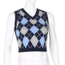 Sweetown Argyle Plaid Knitted Tank Top Female Knitwear Preppy Style Clothes V Neck Casual Crop Sweater Vest 90s Streetwear