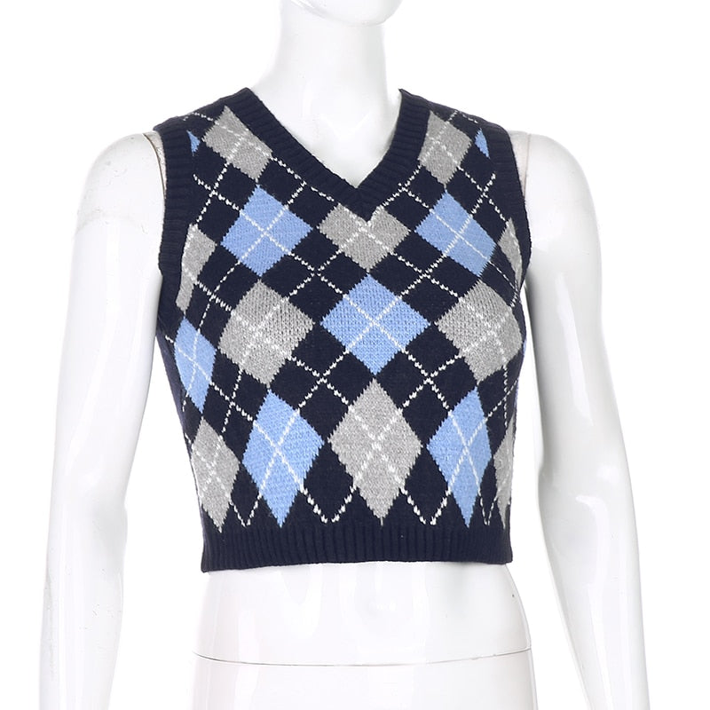 Sweetown Argyle Plaid Knitted Tank Top Female Knitwear Preppy Style Clothes V Neck Casual Crop Sweater Vest 90s Streetwear