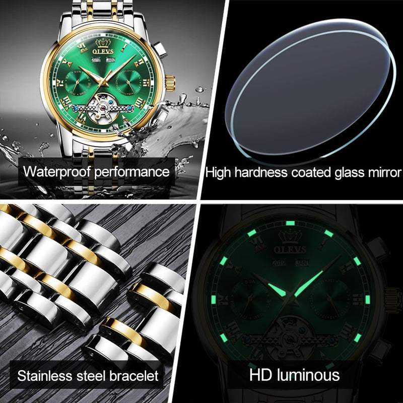 OLEVS Automatic Mechanical Men Watches Stainless Steel Waterproof Date Week Green Fashion Classic Wrist Watches Reloj Hombre