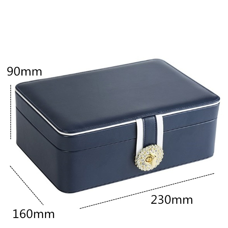 WE New Large Two Layer Jewelry Organizer Box with 56 Stud Jacks Smooth Leather Jewelry Storage Case Display Holder with Lock