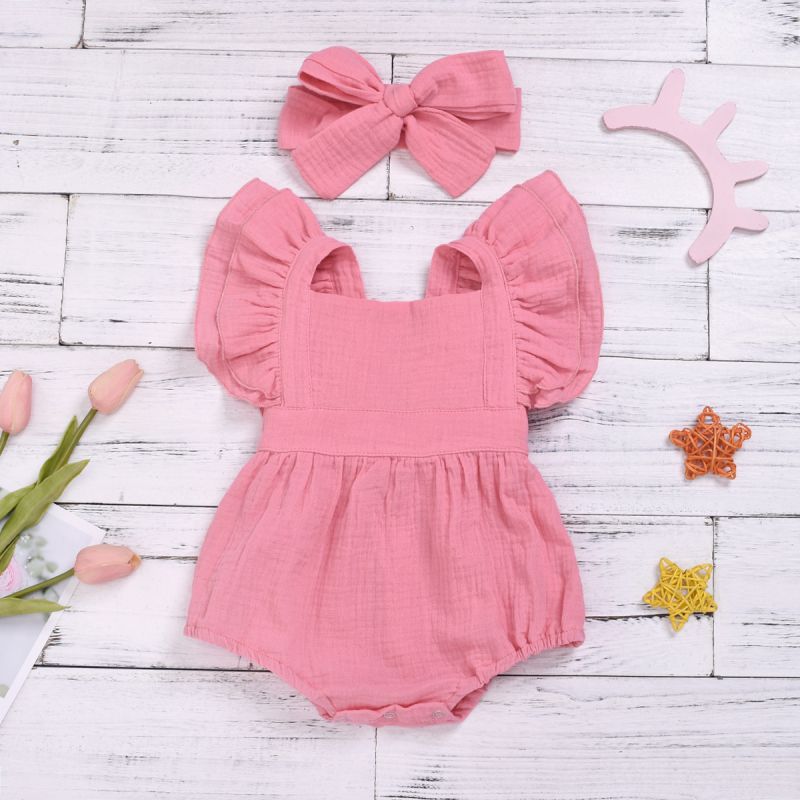 Baywell Cotton Baby Girl Clothes Summer New Double Gauze Kids Ruffle Romper Jumpsuit Headband Pink Playsuit For Newborn 3M