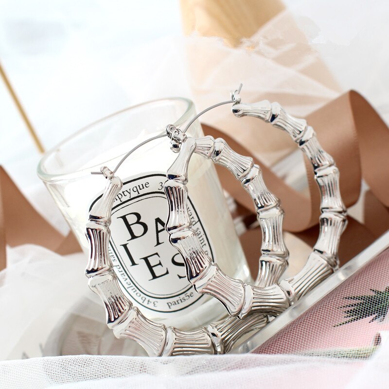 Statement Sliver/Gold Color Big Bamboo Circle Hoop Earrings For Women Hip Hop Large Celebrity Basketball Wives Earrings Hoops