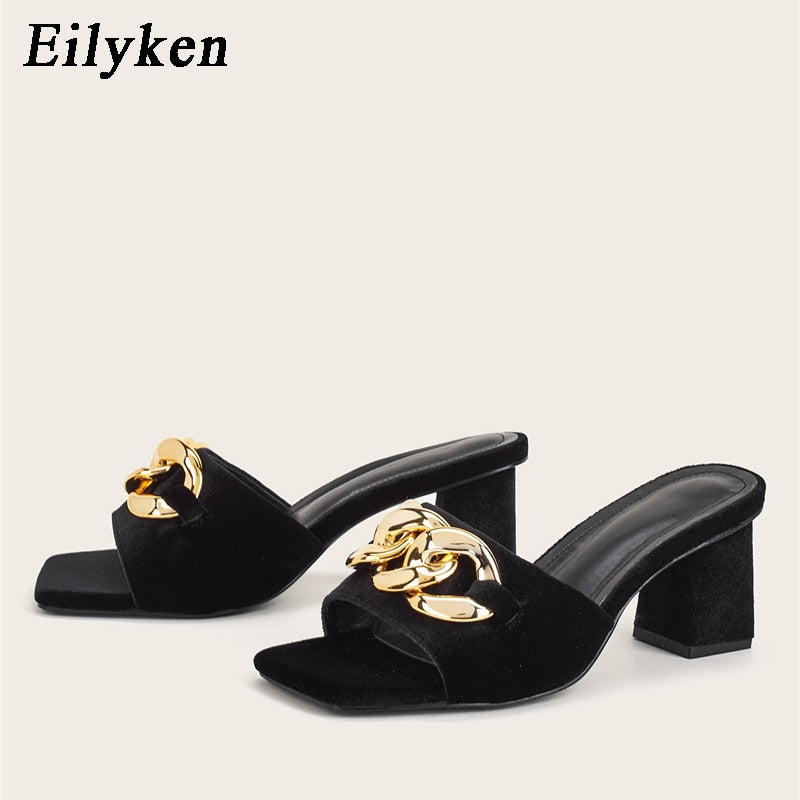 Eilyken verano carnaval fiesta mujer zapatillas moda cadena diseño señoras sandalias gladiador punta abierta tacones cuadrados zapatos mujer