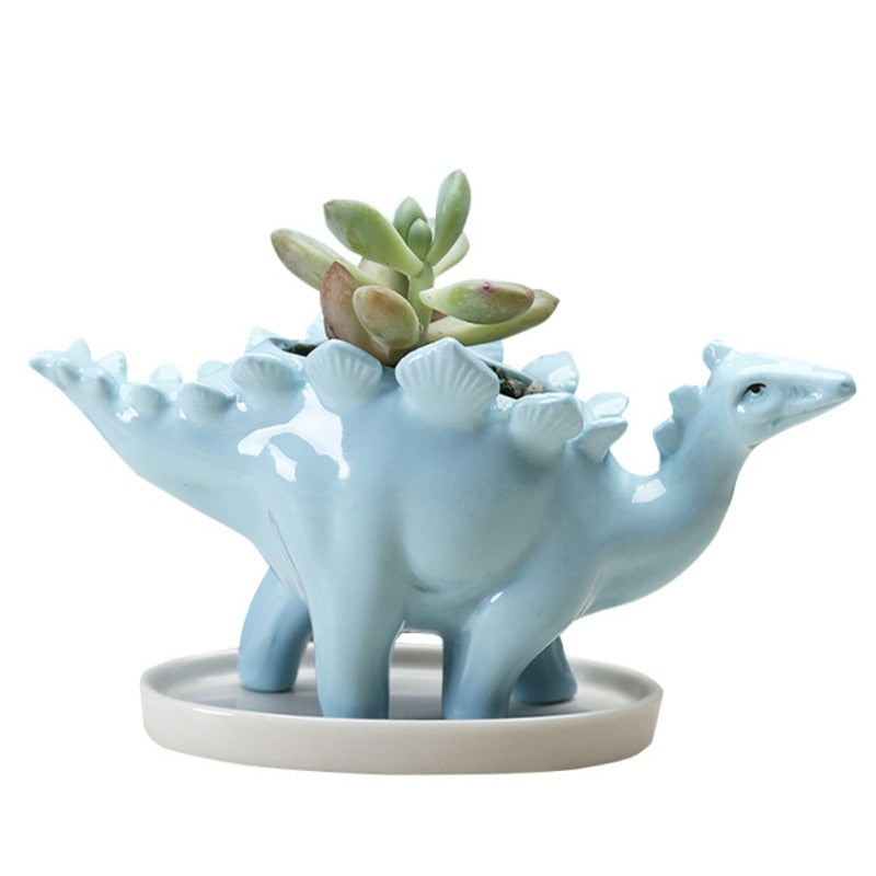 Creative Ceramic Stegosaurus Flower Pot Succulent Garden Desktop Decoration With Tray Creative Dinosaur Flower Planter Pot