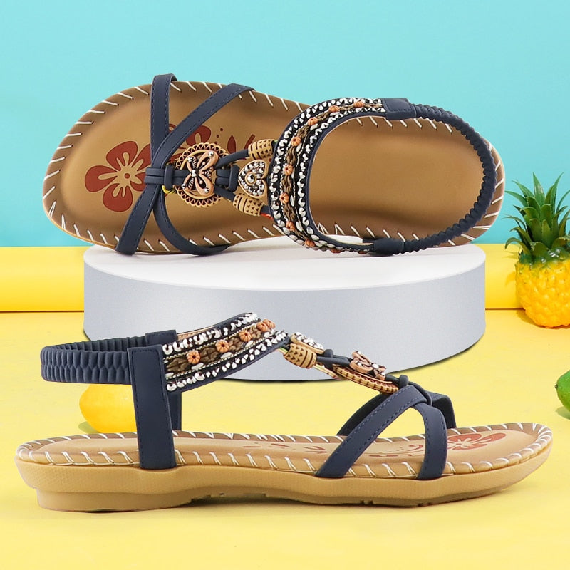 Rhinestone Sandals Ladies 2022 Retro Elastic Band Flat Summer Shoes Woman Soft Gladiator Sandals  Bohemian Print Walking Luxury