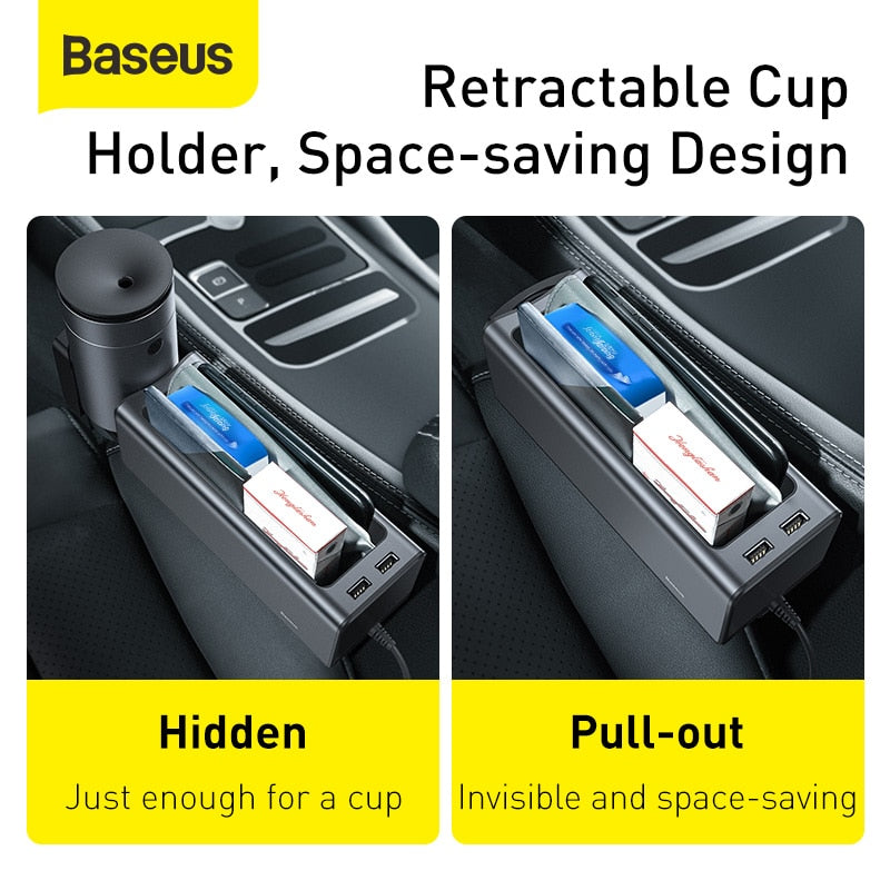 Baseus Autositz-Organizer Auto-Aufbewahrungsbox Seat Gap Aufbewahrungsbox mit zwei USB-Anschlüssen für Kartenbecherhalter Autozubehör