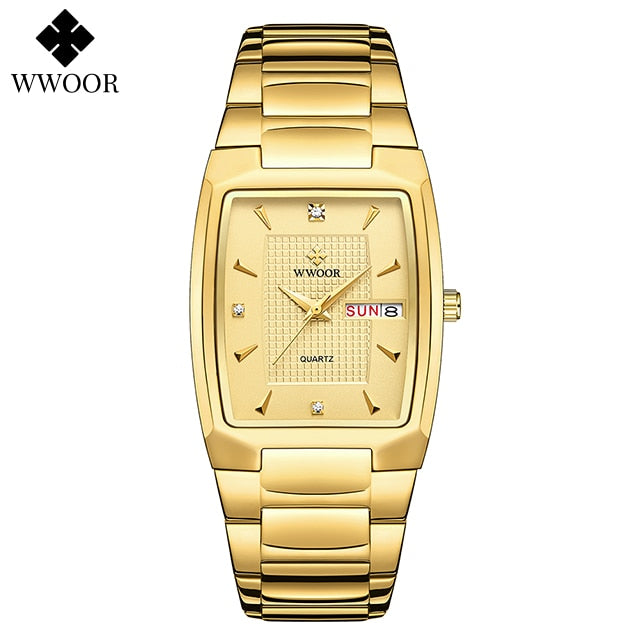 Relogio Masculino WWOOR 2022 Neue quadratische Uhr Herren mit automatischem Wochendatum Mann Quarz Armbanduhren Luxus Edelstahl Gold