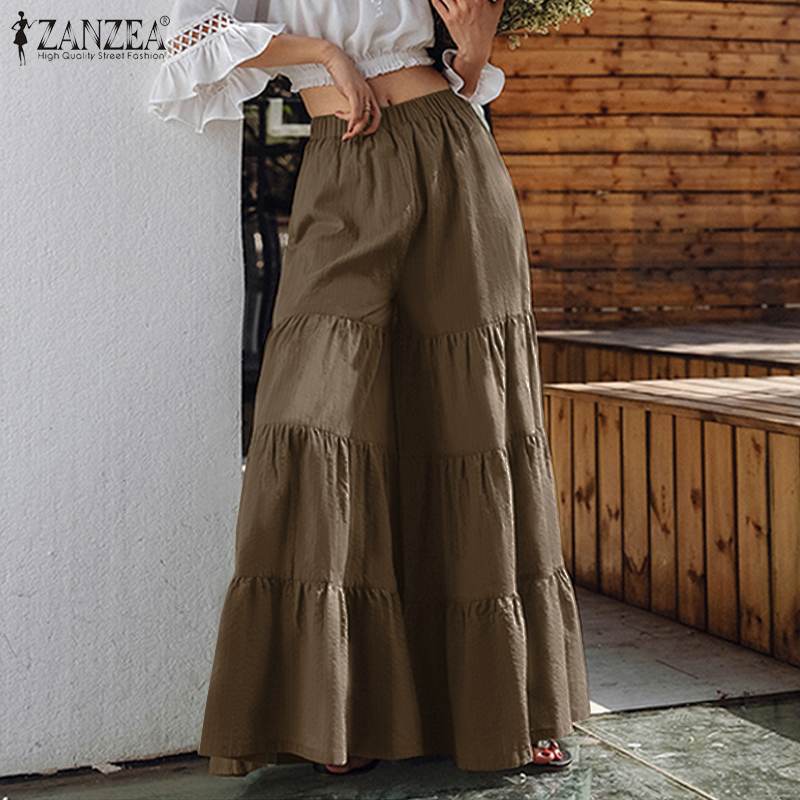 Vintage Women's Wide Leg Trousers ZANZEA 2022 Solid Pants Casual Elastic Waist Long Pantalon Palazzo Female  Turnip