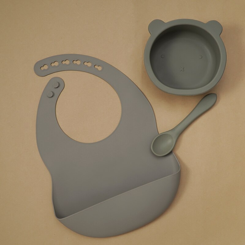 BPA Free Baby Silicone Tableware Waterproof Bib Flexible Saliva Towel Solid Color Sucker Bowl And Spoon For Children