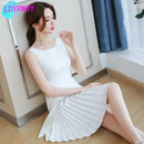 LDYRWQY 2021 verano nuevo clásico francés delgado plisado vestido blanco cuello en V tanque Natural hasta la rodilla sin mangas cremalleras