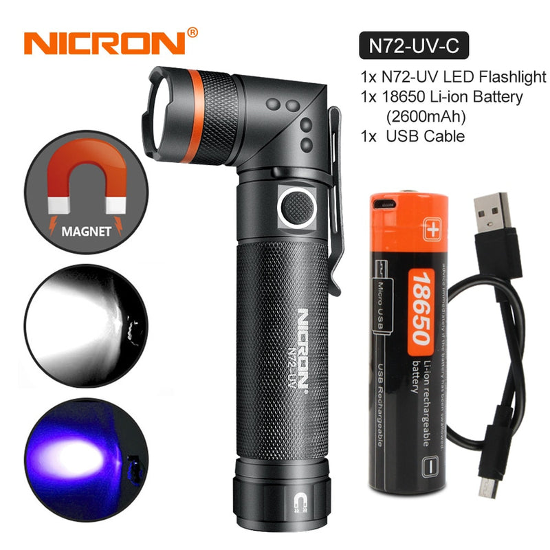 NICRON Weiß / UV-Licht LED-Taschenlampe N72 / N72-UV 90-Grad-Drehung Wasserdicht 800LM 18650 / AAA-Batteriemagnet LED-Taschenlampe