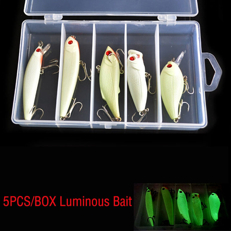 Hard/Luminous/Fake/Artificial Bait Kit Wobbler Tackle Box Minnow Popper Crank Pencil Vib Winter 5PCS Night Fishing Lures Set
