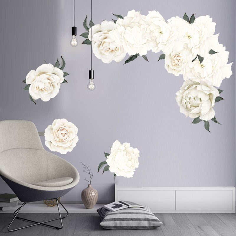 White Peony Wall Stickers for Living room Bedroom Self-adhesive Vinyl ins Wall Decals Eco-friendly Removable Art Wall Murals