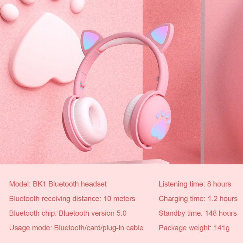 Cute Kids Headphones Wireless Earphones,Control LED light Cat Ear Girl Child Gift Blue-tooth Gaming Headset Stereo Bass With Mic