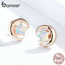 bamoer Genuine 925 Sterling Silver Moon and Star 2 Colors Opal Stud Earrings for Women Wedding Statement Jewelry Boucles SCE816
