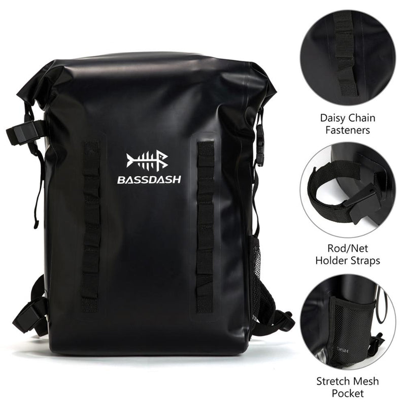 Bassdash Waterproof TPU Backpack 24L Roll-Top Dry Bag with Rod Holder for Fishing, Hiking, Camping, Kayaking, Rafting