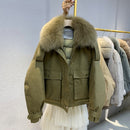 Janveny Real Fox Fur Women's Down Jacket 2021 Short Loose 90% White Duck Down Coat Fashion Female Big Pocket Puffer Snow Outwear