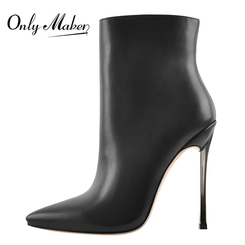 Onlymaker Ankle Boots Damen Poited Toe Metal Thin High Heel Side Zipper Fashion Schwarz Rot Winter Warm Booties