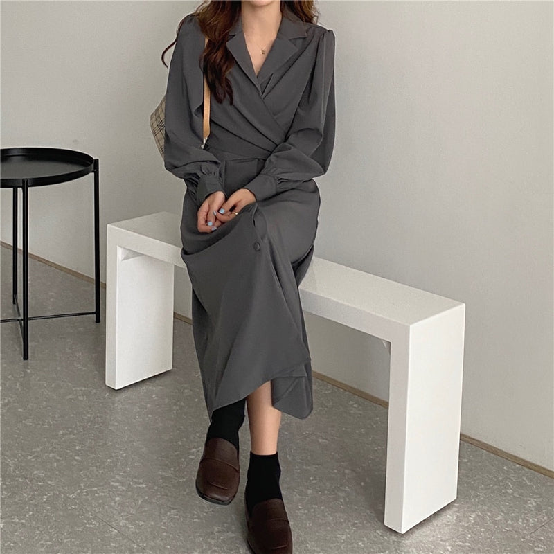 HziriP Notched Single Breasted Women Suit Dress New Minimalist Autumn Dress Elegant OL Long Sleeve Solid Long Dresses Vestidos