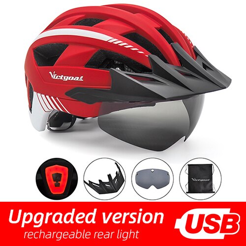 Victgoal Bicycle Helmet LED Moutain Road USB Rechargeable Light Cycling Helmet For Man Sun Visor Goggles Men MTB Bike Headgear