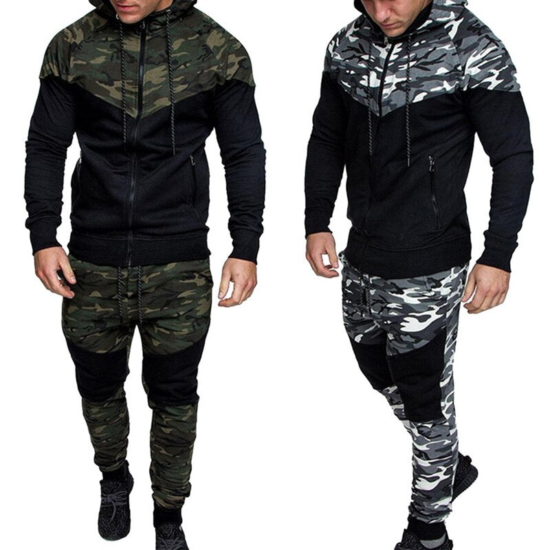 Men Causal Camouflage Patchwork Sets Camo Zipper Jacket+Pants 2PC Tracksuit Sportwear Hoodies Sweatshirt Pant Suit Plus Size