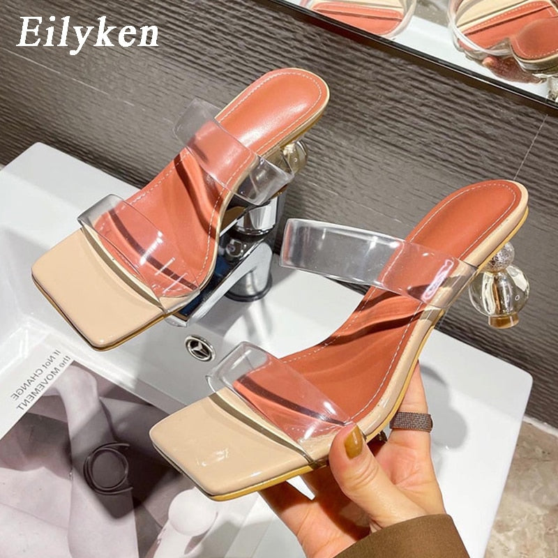 Eilyken 2023 Neue Sommer Karree Damen Hausschuhe PVC Transparente Kristall Seltsame Stil Klare Ferse Frauen Leopard Korn Rutschen