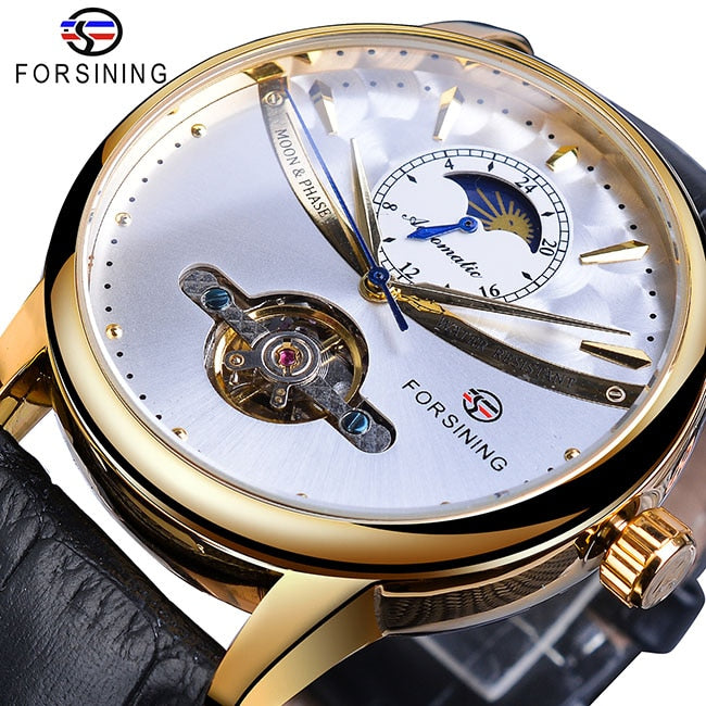 Forsining Moon Phase Automatic Watch Royal Men Golden Waterproof Mechanical Wristwatch Casual Genuine Leather Tourbillon Clock