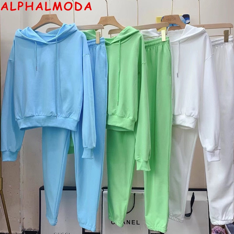 ALPHALMODA 2021 primavera recién llegado mujeres sólido Sudadera con capucha Jogger pantalones 2 uds traje suelto Casual Top pantalones 2 uds conjunto