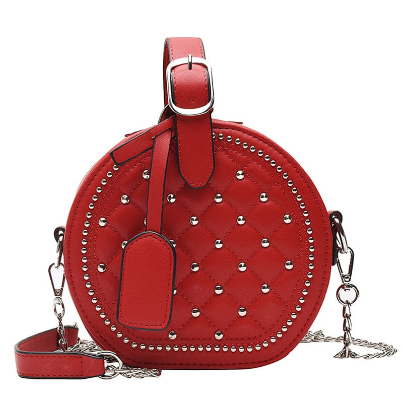 Fashion Chain Rivet Circular Women Shoulder Bag PU Leather Women&