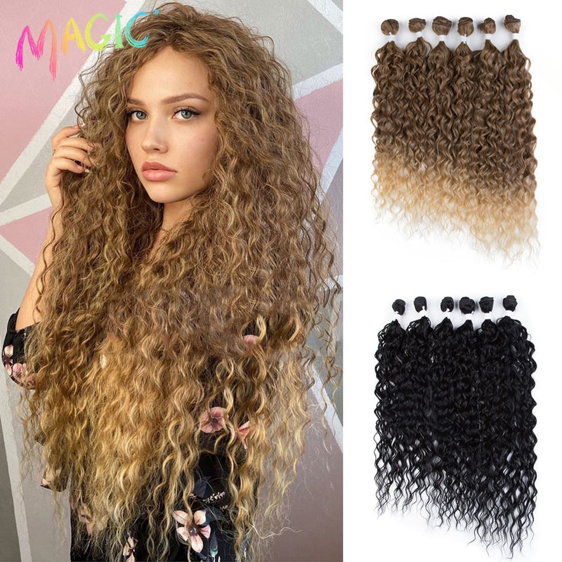 Magic Synthetic 6PCS 24 26 28inches Kinky Curly Hair Bundles Ombre Blonde Farbe Fake Hair Extensions Curly Hair Accessories