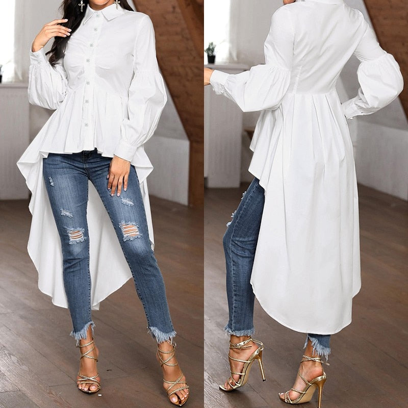 Mode Damen Rüschen Saum Shirt ZANZEA Elegant Revers Hals Schwalbenschwanz Shirts Solide Langarm Hohe Taille Tops Unregelmäßige Blusas