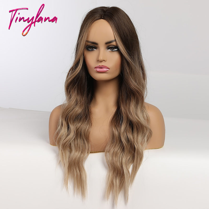 TINY LANA Synthetic Long Ombre Wavy Wigs Brown Blonde Middle Part Cosplay Wigs with Bangs For Women Long Hair Wigs Fake Hair