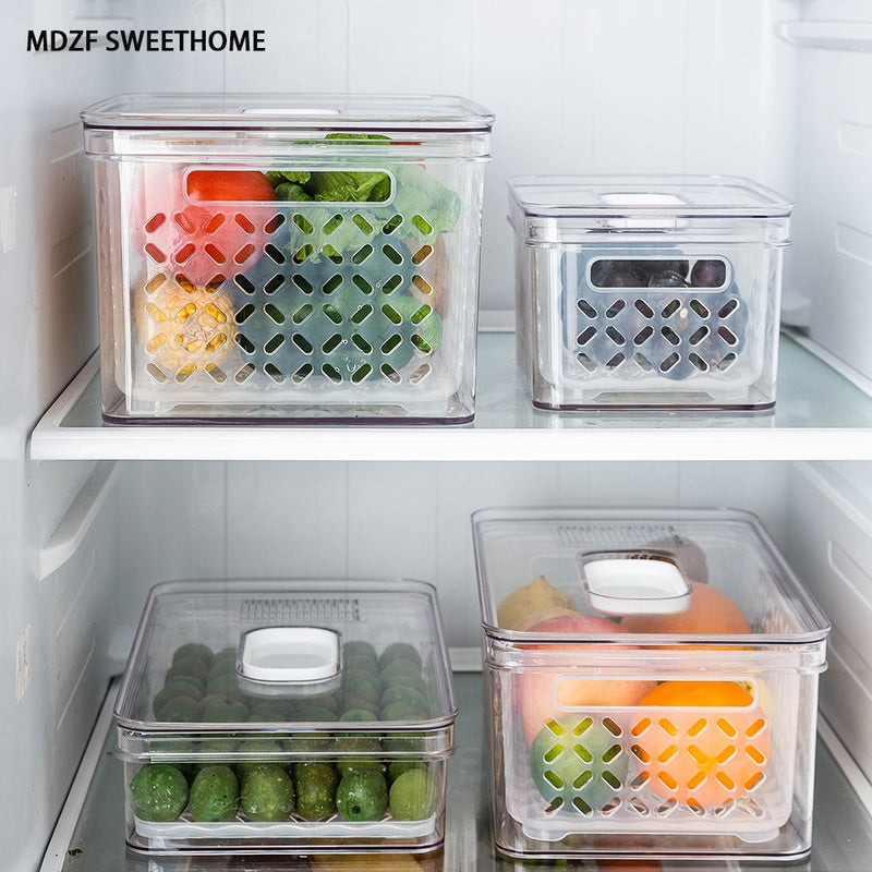 Contenedores de almacenamiento de alimentos para refrigerador con escurridor, caja de almacenamiento de frutas y verduras frescas para cocina con tapa, organizador apilable para nevera