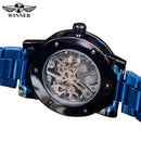 Winner Transparent Diamond Mechanical Watch Blue Stainless Steel Skeleton Watch Top Brand Luxury Business Luminous Male Clock