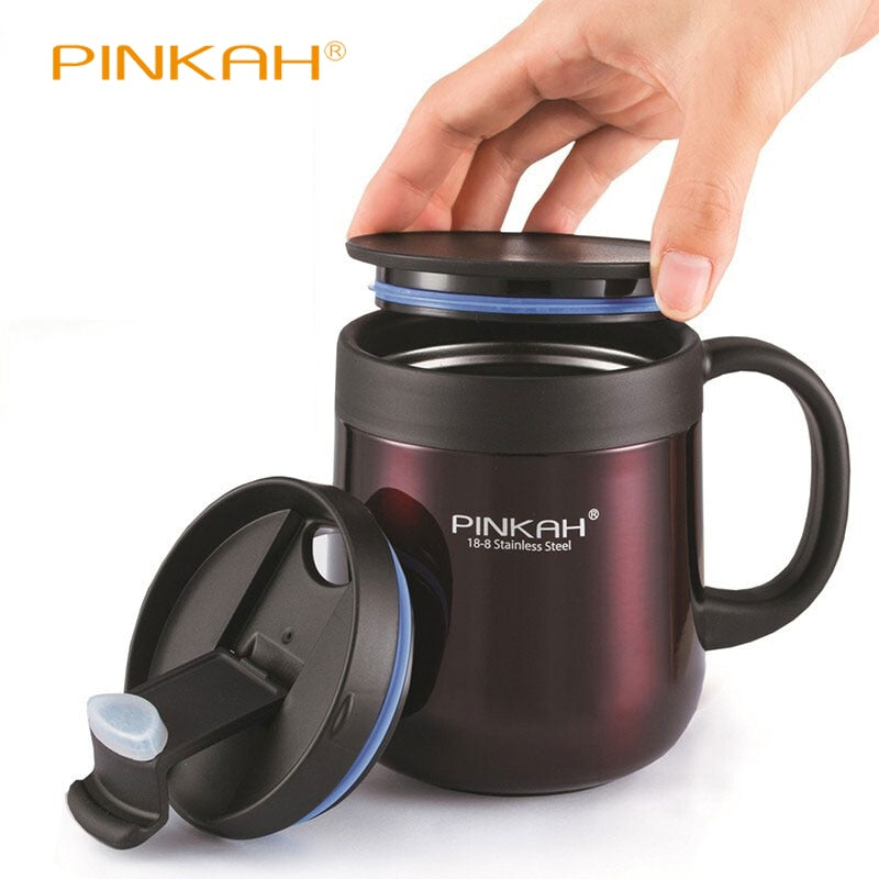 Pinkah 340 y 460ML 304 termos de acero inoxidable taza de oficina con asa con tapa taza de té aislada termo taza termos de oficina