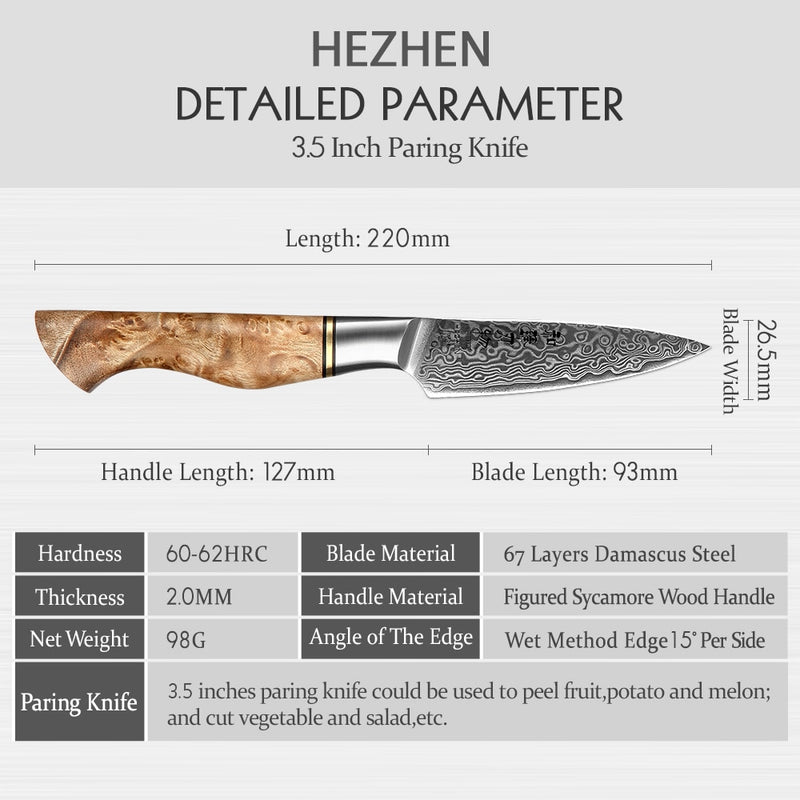 HEZHEN-cuchillo para pelar de 3,5 pulgadas, cuchillo de cocina de acero súper Damasco de 67 capas Real, cuchillo de cocina para frutas con hoja afilada súper antioxidante