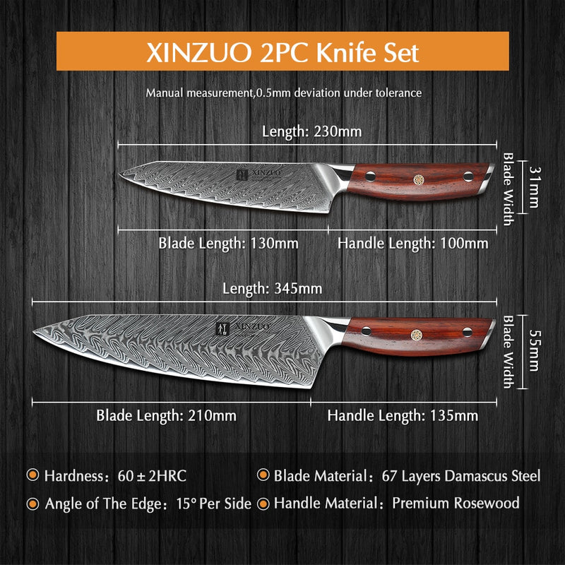 XINZUO 2PCS Kitchen Knife Brand Cook Sets High HRC Damascus Steel Knife Brand Chef Paring Knives Cooking Tools Rosewood Handle