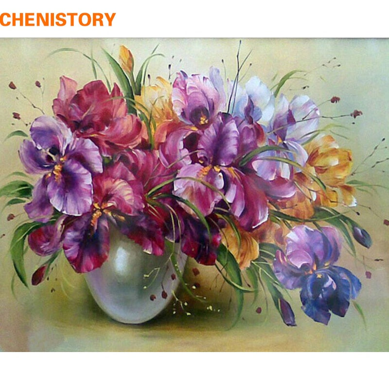 CHENISTORY Rahmenlose lila Blumen DIY Malen nach Zahlen Moderne Wandkunst Malen nach Zahlen handbemalt für Heimdekoration