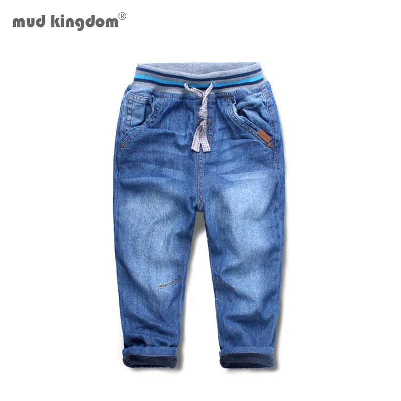 Mudkingdom Kids Jeans Drawstring Pants Autumn Winter Fleece Warm Denim Pants Casual Trousers for Boys Slim Fashion Clothing