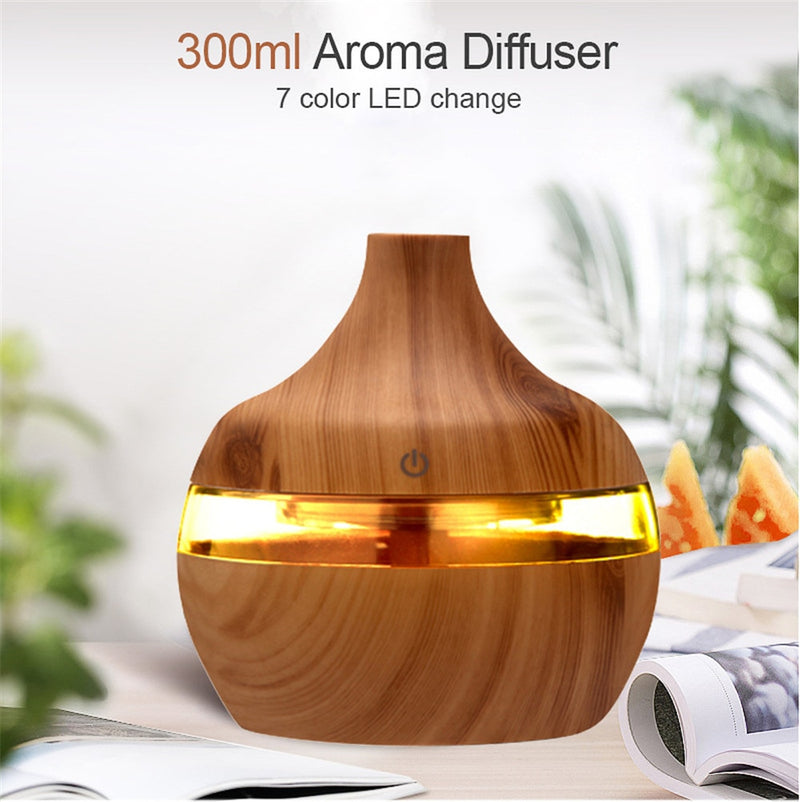 300 ml Auto Luftbefeuchter Aroma Ätherisches Öl Diffusor Ultraschall Holzmaserung Luftbefeuchter USB Mini Nebelhersteller 7 LED Licht Auto Zuhause