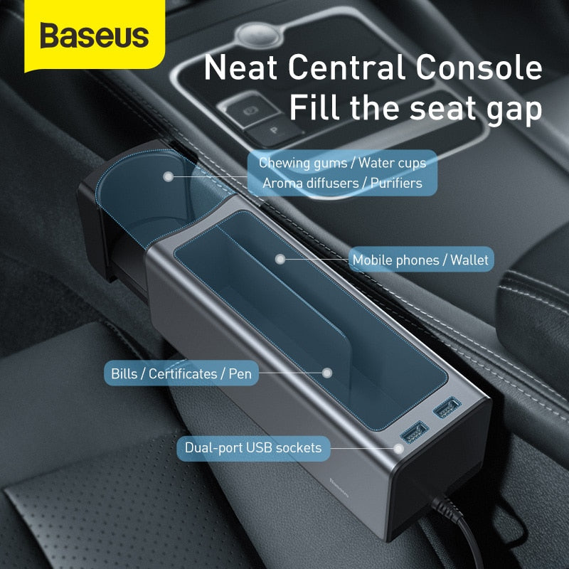 Organizador de asiento de coche Baseus, caja de almacenamiento para espacio de asiento, caja de almacenamiento con puertos USB duales para tarjetero, portavasos, accesorios para coche