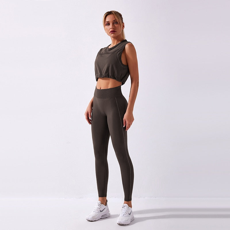 WANYUCL 2021 Seamless Suit Women 2pcs Sport Leggings And Top Workout Sleeveless Vest Elastic Yoga Set Girl Fitness Gym Sportwear