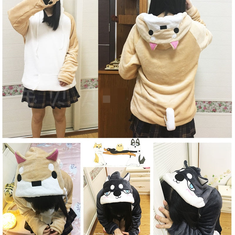 Harajuku Japanese Kawaii Hoodies Frauen Sweatshirts mit Ohren Cute Doge Muco Winter Plüsch Lovely Muco! Anime-Hoodies mit Kapuze