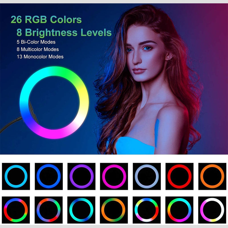 10&quot; LED ring light 26cm Photography Lighting Dimmable Selfie RGB lamp with tripod for makeup Youtube Tiktok phone camera video